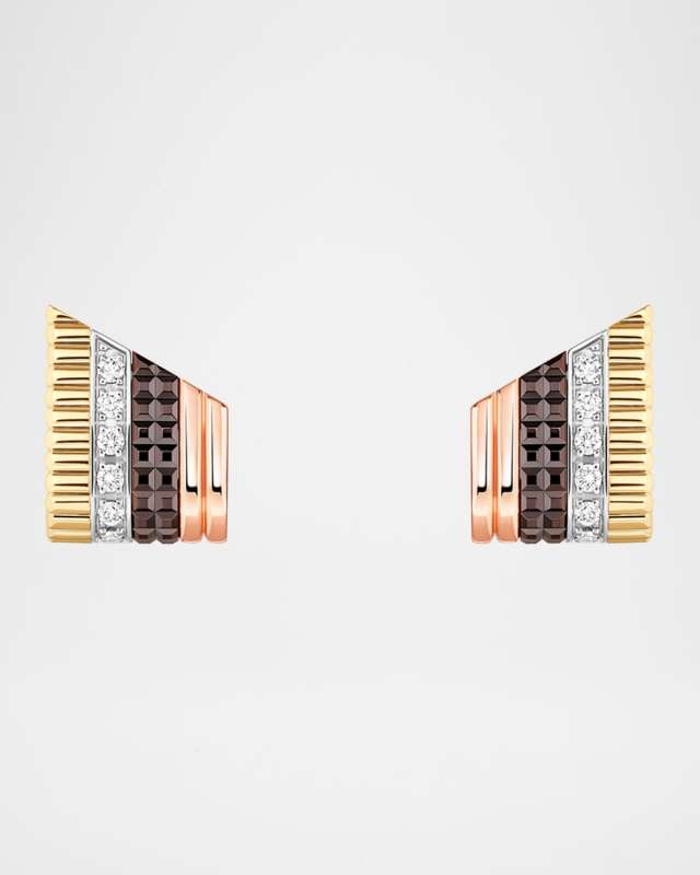 Quatre Classique 18K Tricolor Gold Stud Earrings with Diamonds and Brown PVD